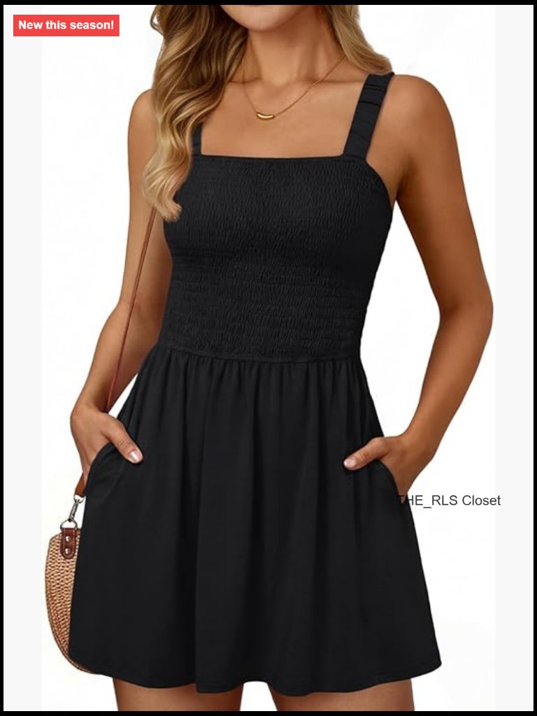 Womens Square Neck Sleeveless A-Line Mini Dress With Pockets Summer Casual